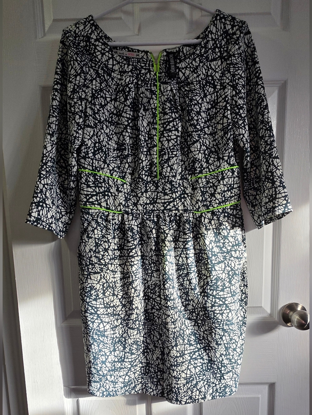 4/$97 Deal! Yoana Baraschi Blue & White Abstract Dress with Neon Green Accents